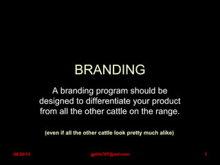 1
BRANDING
A branding program should be
designed to differentiate your product
from all the other cattle on the range.
(even if all the other cattle look pretty much alike)
08/30/13 jgillis767@aol.com
 
