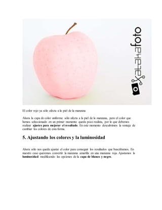 El color rojo ya sólo afecta a la piel de la manzana
Ahora la capa de color uniforme sólo afecta a la piel de la manzana, pero el color que
hemos seleccionado en un primer momento queda poco realista, por lo que debemos
realizar ajustes para mejorar el resultado. En este momento descubrimos la ventaja de
cambiar los colores de esta forma.
5. Ajustando los colores y la luminosidad
Ahora sólo nos queda ajustar el color para conseguir los resultados que buscábamos. En
nuestro caso queremos convertir la manzana amarilla en una manzana roja. Ajustamos la
luminosidad modificando las opciones de la capa de blanco y negro.
 