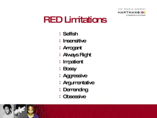 RED Limitations Selfish Insensitive Arrogant Always Right Impatient Bossy Aggressive Argumentative Demanding Obsessive 