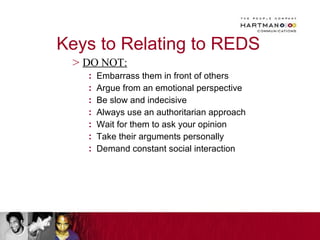 Keys to Relating to REDS  DO NOT: Embarrass them in front of others Argue from an emotional perspective Be slow and indecisive Always use an authoritarian approach Wait for them to ask your opinion Take their arguments personally Demand constant social interaction 