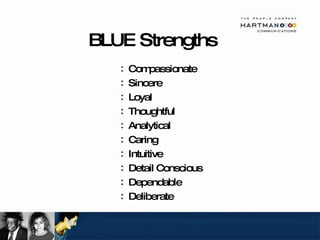 BLUE Strengths Compassionate Sincere Loyal Thoughtful Analytical Caring Intuitive Detail Conscious Dependable Deliberate 