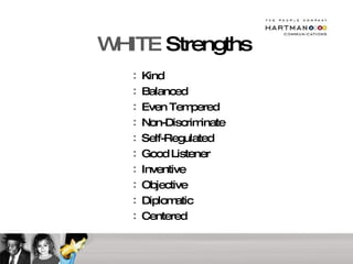 WHITE  Strengths Kind Balanced Even Tempered Non-Discriminate Self-Regulated Good Listener Inventive Objective Diplomatic Centered 