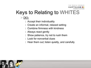Keys to Relating to  WHITES   DO: Accept their individuality Create an informal, relaxed setting Combine firmness with kindness Always react gently Show patience, try not to rush them Look for nonverbal clues Hear them out; listen quietly, and carefully 