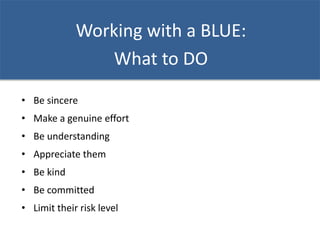 Working with a BLUE:
What to DO
• Be sincere
• Make a genuine effort
• Be understanding
• Appreciate them
• Be kind
• Be committed
• Limit their risk level
 