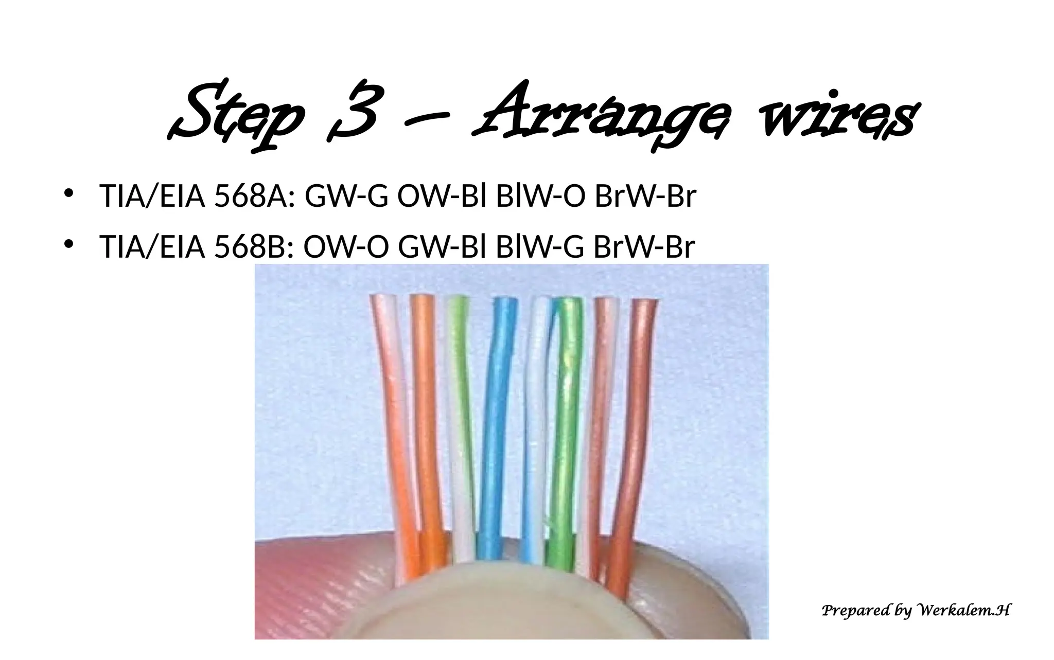 Step 3 – Arrange wires • TIA/EIA 568A: GW-G OW-Bl BlW-O BrW-Br • TIA/EIA 568B: OW-O GW-Bl BlW-G BrW-Br Prepared by Werkalem.H 