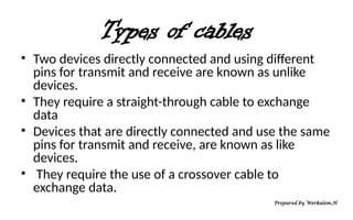 Types of cables
• Two devices directly connected and using different
pins for transmit and receive are known as unlike
devices.
• They require a straight-through cable to exchange
data
• Devices that are directly connected and use the same
pins for transmit and receive, are known as like
devices.
• They require the use of a crossover cable to
exchange data.
Prepared by Werkalem.H
 