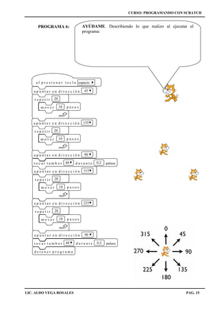 CURSO: PROGRAMANDO CON SCRATCH
LIC. ALDO VEGA ROSALES PAG. 15
PROGRAMA 6:
d e t e n e r p r o g r a m a
a p u n t a r e n d i r e c c i ó n 135
t o c a r t a m b o r d u r a n t e pulsos48 0.2
a l p r e s i o n a r t e c l a espacio
a p u n t a r e n d i r e c c i ó n 90
a p u n t a r e n d i r e c c i ó n 225
t o c a r t a m b o r d u r a n t e pulsos48 0.2
a p u n t a r e n d i r e c c i ó n 90
r e p e t i r 20
m o v e r 10 p a s o s
a p u n t a r e n d i r e c c i ó n 45
r e p e t i r 20
m o v e r 10 p a s o s
r e p e t i r 20
m o v e r 10 p a s o s
a p u n t a r e n d i r e c c i ó n 315
r e p e t i r 20
m o v e r 10 p a s o s
AYÚDAME. Describiendo lo que realizo al ejecutar el
programa:
 