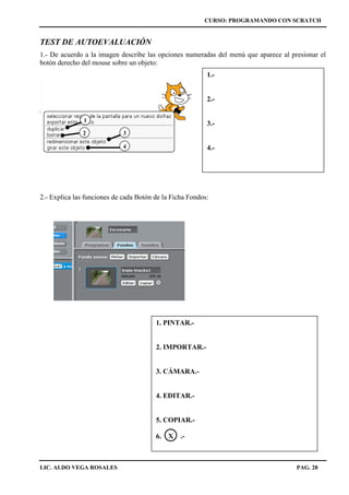 CURSO: PROGRAMANDO CON SCRATCH
LIC. ALDO VEGA ROSALES PAG. 28
TEST DE AUTOEVALUACIÓN
1.- De acuerdo a la imagen describe las opciones numeradas del menú que aparece al presionar el
botón derecho del mouse sobre un objeto:
|
2.- Explica las funciones de cada Botón de la Ficha Fondos:
3
1
2
4
1.-
2.-
3.-
4.-
1. PINTAR.-
2. IMPORTAR.-
3. CÁMARA.-
4. EDITAR.-
5. COPIAR.-
6. X .-
 