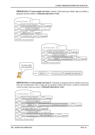 CURSO: PROGRAMANDO CON SCRATCH
LIC. ALDO VEGA ROSALES PAG. 31
PROGRAMA 5: Conversando con Gato: Animar a Gato para que salude, diga su nombre y
pregunte nuestro nombre. (Utilizando Operadores: Unir).
PROGRAMA 6: Conversando con Gato 2: Utilizando el programa anterior, debemos hacer que
Gato que nos diga tengo 5 años y luego que nos pregunte cuántos años tienes y cuando le contestemos
x años nos diga x años que mayor. (Utilizando Operadores: Unir).
a l p r e s i o n a r
d e c i r por segundos¡Hola, me llamo Michi! 2
p r e g u n t a r y e s p e r a r¿Cuál es tu nombre?
d e c i r por segundos¡Hola! 2
d e c i r por segundos2r e s p u e s t a
d e t e n e r p r o g r a m a
a l p r e s i o n a r
d e c i r por segundos¡Hola, me llamo Michi! 2
p r e g u n t a r y e s p e r a r¿Cuál es tu nombre?
d e t e n e r p r o g r a m a
d e c i r por segundos2u n i r ¡Hola! - r e s p u e s t a
a l p r e s i o n a r
d e c i r por segundos¡Hola, me llamo Michi! 2
p r e g u n t a r y e s p e r a r¿Cuál es tu nombre?
d e t e n e r p r o g r a m a
d e c i r por segundos3u n i r u n i r¡Hola! - r e s p u e s t a , encantado de conocerte
p r e g u n t a r y e s p e r a r¿Cuál es tu edad?
d e c i r por segundosYo tengo 5 años 2
d e c i r por segundos2u n i r años, ¡qué mayor!r e s p u e s t a
Se puede anidar
varios operadores
u n i r ¡Hola! - u n i r r e s p u e s t a , encantado de conocerte
 
