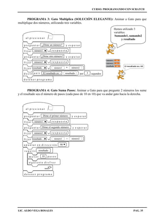 CURSO: PROGRAMANDO CON SCRATCH
LIC. ALDO VEGA ROSALES PAG. 35
PROGRAMA 3: Gato Multiplica (SOLUCIÓN ELEGANTE): Animar a Gato para que
multiplique dos números, utilizando tres variables.
PROGRAMA 4: Gato Suma Pasos: Animar a Gato para que pregunte 2 números los sume
y el resultado sea el número de pasos (cada paso de 10 en 10) que va andar gato hacia la derecha.
Hemos utilizado 3
variables:
Sumando1, sumando2
y resultado
d e t e n e r p r o g r a m a
a l p r e s i o n a r
p r e g u n t a r y e s p e r a r¿Dime un número?
p r e g u n t a r y e s p e r a r¿Dime otro número?
f i j a r a r e s p u e s t anúmero1
f i j a r a r e s p u e s t anúmero2
f i j a r aresultado *número1 número2
d e c i r por segundos3u n i r El resultado es: - resultado
d e t e n e r p r o g r a m a
a l p r e s i o n a r
f i j a r a r e s p u e s t anúmero1
f i j a r a r e s p u e s t anúmero2
f i j a r aresultado +número1 número2
p r e g u n t a r y e s p e r a rDime el primer número:
p r e g u n t a r y e s p e r a rDime el segundo número:
a p u n t a r e n d i r e c c i ó n 90
si g u i e n t e d i s f r a z
m o v e r 10 p a s o s
r e p e t i r resultado
 