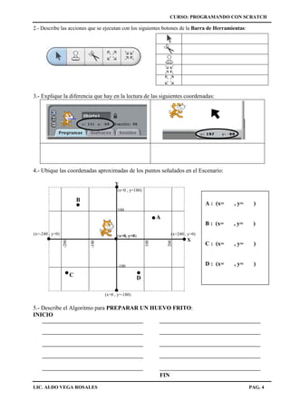 CURSO: PROGRAMANDO CON SCRATCH
LIC. ALDO VEGA ROSALES PAG. 4
2.- Describe las acciones que se ejecutan con los siguientes botones de la Barra de Herramientas:
3.- Explique la diferencia que hay en la lectura de las siguientes coordenadas:
4.- Ubique las coordenadas aproximadas de los puntos señalados en el Escenario:
5.- Describe el Algoritmo para PREPARAR UN HUEVO FRITO:
INICIO
FIN
(x=0, y=0) (x=240 , y=0)
(x=0 , y=180)
100
(x=0 , y=-180)
(x=-240 , y=0)
Y
X
-100
100
200
-100
-200
A : (x= , y= )
B : (x= , y= )
C : (x= , y= )
D : (x= , y= )
A
B
C
D
 