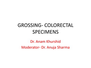 GROSSING- COLORECTAL
SPECIMENS
Dr. Anam Khurshid
Moderator- Dr. Anuja Sharma
 