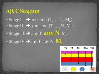  Stage I  100, 200 (T1 or 2 N0 M0)
 Stage II  300, 400 (T3 or 4 N0 M0)
 Stage III any T, any N, M0
 Stage IV any T, any N, M1
 