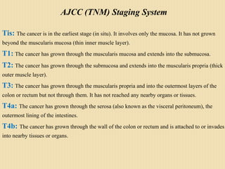 AJCC (TNM) Staging System
Tis: The cancer is in the earliest stage (in situ). It involves only the mucosa. It has not grown
beyond the muscularis mucosa (thin inner muscle layer).
T1: The cancer has grown through the muscularis mucosa and extends into the submucosa.
T2: The cancer has grown through the submucosa and extends into the muscularis propria (thick
outer muscle layer).
T3: The cancer has grown through the muscularis propria and into the outermost layers of the
colon or rectum but not through them. It has not reached any nearby organs or tissues.
T4a: The cancer has grown through the serosa (also known as the visceral peritoneum), the
outermost lining of the intestines.
T4b: The cancer has grown through the wall of the colon or rectum and is attached to or invades
into nearby tissues or organs.
 