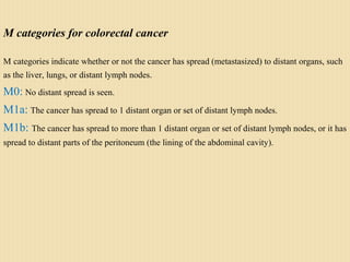 M categories for colorectal cancer
M categories indicate whether or not the cancer has spread (metastasized) to distant organs, such
as the liver, lungs, or distant lymph nodes.
M0: No distant spread is seen.
M1a: The cancer has spread to 1 distant organ or set of distant lymph nodes.
M1b: The cancer has spread to more than 1 distant organ or set of distant lymph nodes, or it has
spread to distant parts of the peritoneum (the lining of the abdominal cavity).
 