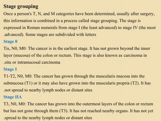 Stage grouping
Once a person's T, N, and M categories have been determined, usually after surgery,
this information is combined in a process called stage grouping. The stage is
expressed in Roman numerals from stage I (the least advanced) to stage IV (the most
advanced). Some stages are subdivided with letters.
Stage 0
Tis, N0, M0: The cancer is in the earliest stage. It has not grown beyond the inner
layer (mucosa) of the colon or rectum. This stage is also known as carcinoma in
situ or intramucosal carcinoma.
Stage I
T1-T2, N0, M0: The cancer has grown through the muscularis mucosa into the
submucosa (T1) or it may also have grown into the muscularis propria (T2). It has
not spread to nearby lymph nodes or distant sites.
Stage IIA
T3, N0, M0: The cancer has grown into the outermost layers of the colon or rectum
but has not gone through them (T3). It has not reached nearby organs. It has not yet
spread to the nearby lymph nodes or distant sites.
 