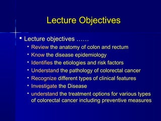 Lecture ObjectivesLecture Objectives
 Lecture objectives ……Lecture objectives ……
 ReviewReview the anatomy of colon and ...