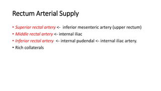 Rectum Arterial Supply
• Superior rectal artery <- inferior mesenteric artery (upper rectum)
• Middle rectal artery <- internal iliac
• Inferior rectal artery <- internal pudendal <- internal iliac artery.
• Rich collaterals
 
