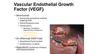 Vascular Endothelial Growth
Factor (VEGF)
• Bevacizumab
• Humanized monoclonal antibody
targeting VEGF
• Overall Response=none
• Complications:
• Bleeding, Thrombosis,
Hypertension, Proteinuria
• Wound dehiscence
• Bowel perforation
• Ziv-aflibercept (VEGF-trap)
• Recombinant fusion protein
• Complications: as above
• Regorafenib (multikinase inhibitor)
VEGFR/Raf/Kit/PDGFR
Agents bind or trap VEGF, reducing
tumor angiogenesis
 
