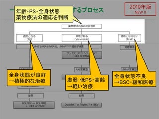 一次治療の方針を決定するプロセス
2019年版
NEW !!年齢・PS・全身状態
薬物療法の適応を判断
全身状態不良
→BSC・緩和医療虚弱・低PS・高齢
→軽い治療
全身状態が良好
→積極的な治療
 