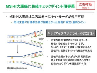 MSI-H大腸癌に免疫チェックポイント阻害薬
▪ MSI-H大腸癌は二次治療〜にキイトルーダが使用可能
 添付文書では標準治療が困難となった症例に限定（最終ライン）
2019年版
NEW !!
図出典 bio.libretexts.org
▪ 正常な細胞はDNAに生じたエラーを
修復する仕組みを持っているが、
DNAの「ミスマッチ修復」に異常があると
遺伝子に変異を多く持った細胞が現れる
▪ 遺伝子変異が多いと「がん特異抗原」が
増えて免疫担当細胞に認識されやすく
免疫チェックポイント阻害薬が有効
MSI（マイクロサテライト不安定性）
 