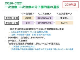 2019年版CQ20・CQ21
一次治療・二次治療の分子標的薬の選択
野生型・左側
野生型・右側
＜一次治療＞ ＜二次治療＞ ＜三次治療〜＞
Bev Bev/Ram/AFL
EGFR Bev/Ram/AFL
EGFR
推奨なし
▪ 一次治療は左側結腸は抗EGFR抗体、右側結腸はBev推奨
 ただし副作用プロファイルによる選択も可能
 左側：下行結腸〜直腸 右側：盲腸〜横行結腸
▪ EGFR後の二次治療は、Bev/Ram/AFL
▪ Bev後の二次治療は
「血管新生阻害薬が推奨度1、抗EGFR抗体が推奨度2」
 二次治療でのEGFR抗体は
治癒切除の可能性を期待する場合や三次治療まで持たないケースに考慮
 