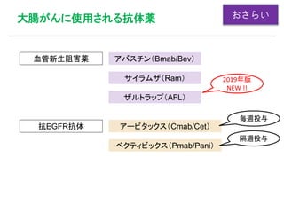大腸がんに使用される抗体薬
血管新生阻害薬 アバスチン（Bmab/Bev）
サイラムザ（Ram）
ザルトラップ（AFL）
抗EGFR抗体 アービタックス（Cmab/Cet）
ベクティビックス（Pmab/Pani）
2019年版
NEW !!
おさらい
毎週投与
隔週投与
 