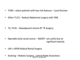 PROF.S.SUBBIAH
• T1N0 – select patients with low risk features – Local Excision
• Other T1,T2 – Radical Abdominal surgery ...