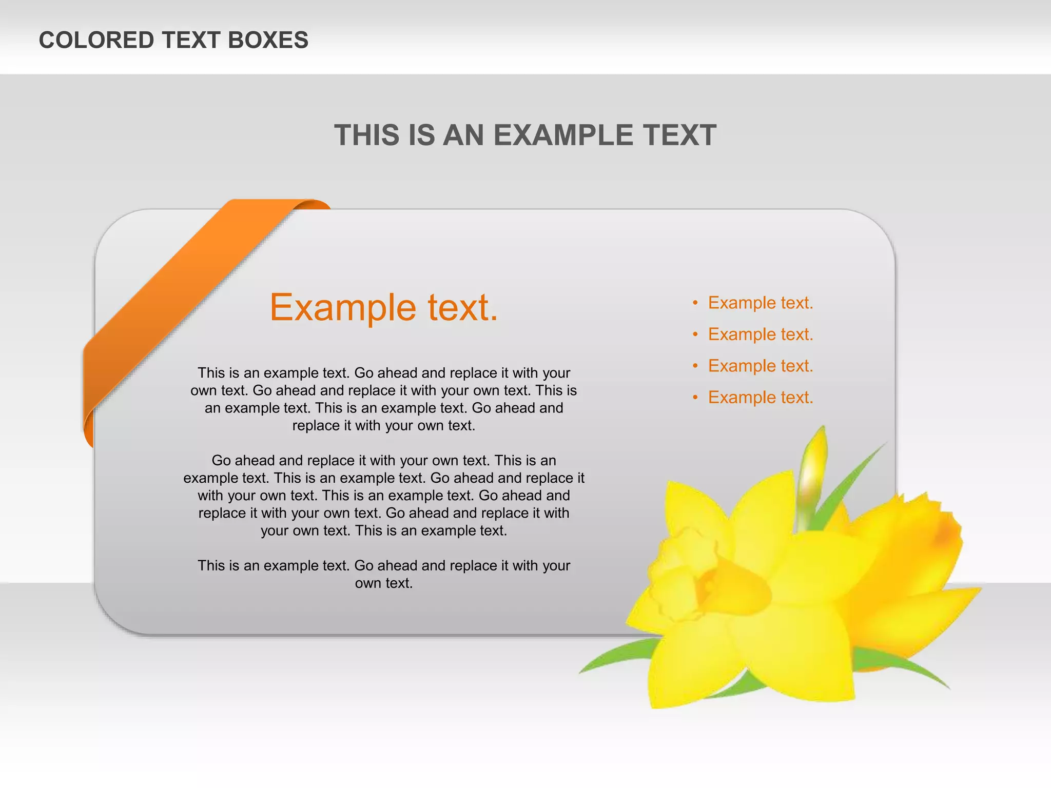 COLORED TEXT BOXES
Example text.
This is an example text. Go ahead and replace it with your
own text. Go ahead and replace it with your own text. This is
an example text. This is an example text. Go ahead and
replace it with your own text.
Go ahead and replace it with your own text. This is an
example text. This is an example text. Go ahead and replace it
with your own text. This is an example text. Go ahead and
replace it with your own text. Go ahead and replace it with
your own text. This is an example text.
This is an example text. Go ahead and replace it with your
own text.
• Example text.
• Example text.
• Example text.
• Example text.
THIS IS AN EXAMPLE TEXT
 