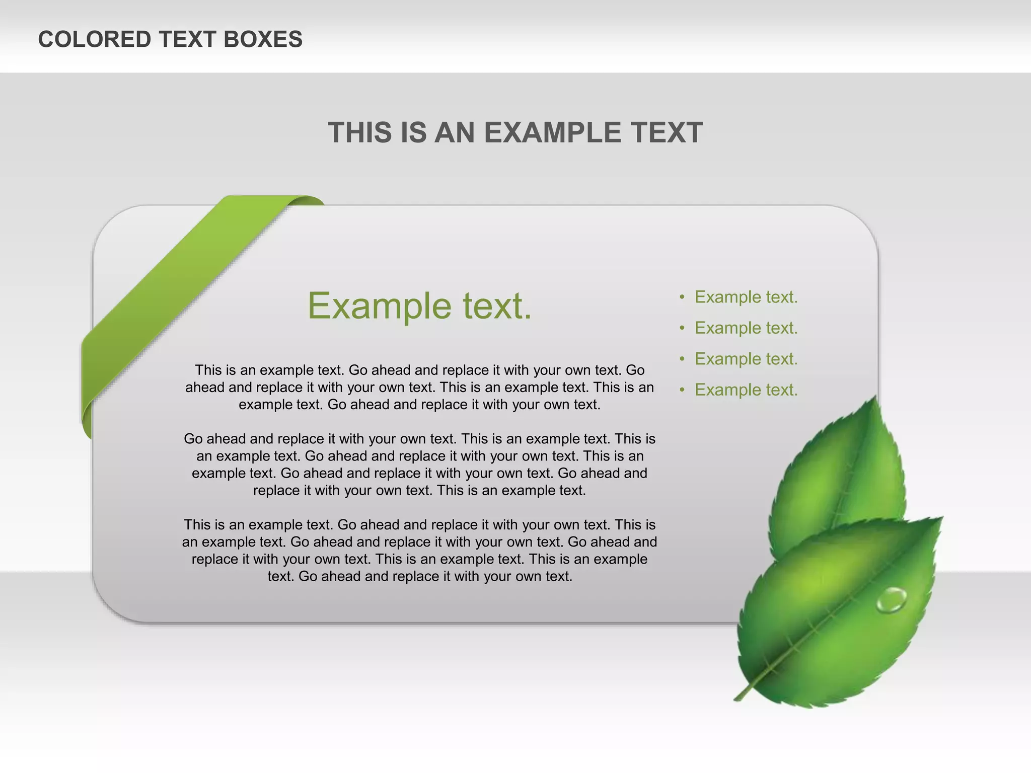 COLORED TEXT BOXES
Example text.
This is an example text. Go ahead and replace it with your own text. Go
ahead and replace it with your own text. This is an example text. This is an
example text. Go ahead and replace it with your own text.
Go ahead and replace it with your own text. This is an example text. This is
an example text. Go ahead and replace it with your own text. This is an
example text. Go ahead and replace it with your own text. Go ahead and
replace it with your own text. This is an example text.
This is an example text. Go ahead and replace it with your own text. This is
an example text. Go ahead and replace it with your own text. Go ahead and
replace it with your own text. This is an example text. This is an example
text. Go ahead and replace it with your own text.
• Example text.
• Example text.
• Example text.
• Example text.
THIS IS AN EXAMPLE TEXT
 