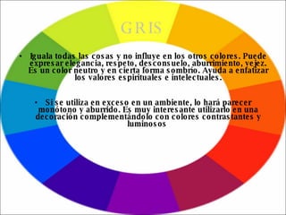 GRIS <ul><li>Iguala todas las cosas y no influye en los otros colores. Puede expresar elegancia, respeto, desconsuelo, abu...