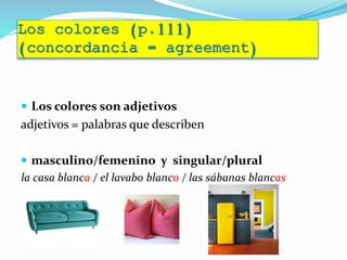 Los colores (p.111)
(concordancia = agreement)
 Los colores son adjetivos
adjetivos = palabras que describen
 masculino/femenino y singular/plural
la casa blanca / el lavabo blanco / las sábanas blancas
 