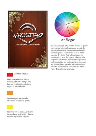 Análogos
Se seleccionaron estos colores porque se quiere
representar lo formal , ya que en la parte del
significado cultural el rojo esta considerado
como elegancia , un ejemplo es en la parte
oriental del globo. Aparte los colores rojo
anaranjado y marrillo ayudan a fomentar la
digestión y el apetito, aparte al manejar estos
colores ayuda a que las imágenes se coloquen
en primer plano . pero los uso en tonos mas
oscuros o claros sea el caso para que pueda
verse de una forma armónica.
C:0 M:96 Y:81 K:0
Es el color pormal en tomos
oscuros , al mismo tiempo ayu-
da a que resalten otro objetos y
mejora el metabolismo
Denota alegría, estimula las
emociones e incluso el apetito
Se asocia con la comida, al mismo
tiempo llama la atención y da sen-
saciones agradables , alegría
 