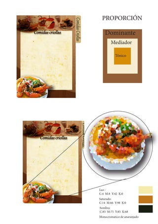 Dominante
Mediador
Tónico
Luz :
C:4 M:8 Y:42 K:0
Saturado:
C:14 M:66 Y:98 K:0
Sombra:
C:85 M:75 Y:85 K:68
Monocromatico de anaranjado
PROPORCIÓN
 