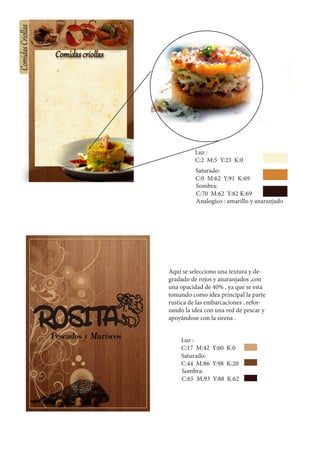 Luz :
C:2 M:5 Y:23 K:0
Saturado:
C:0 M:62 Y:91 K:69
Sombra:
C:70 M:62 Y:82 K:69
Analogico : amarillo y anaranjado
Aquí se selecciono una textura y de-
gradado de rojos y anaranjados ,con
una opacidad de 40% , ya que se esta
tomando como idea principal la parte
rustica de las embarcaciones , refor-
zando la idea con una red de pescar y
apoyándose con la sirena .
Luz :
C:17 M:42 Y:60 K:0
Saturado:
C:44 M:86 Y:98 K:20
Sombra:
C:65 M:93 Y:88 K:62
 