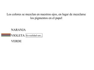 Los colores se mezclan en nuestros ojos, en lugar de mezclarse los pigmentos en el papel NARANJA VIOLETA VERDE En realidad son... 