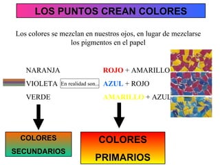 Los colores se mezclan en nuestros ojos, en lugar de mezclarse los pigmentos en el papel NARANJA VIOLETA VERDE En realidad son... ROJO  + AMARILLO AZUL  + ROJO AMARILLO  + AZUL COLORES SECUNDARIOS COLORES PRIMARIOS LOS PUNTOS CREAN COLORES 