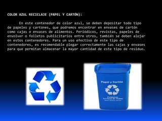 COLOR AZUL RECICLAJE (PAPEL Y CARTÓN):
En este contenedor de color azul, se deben depositar todo tipo
de papeles y cartones, que podremos encontrar en envases de cartón
como cajas o envases de alimentos. Periódicos, revistas, papeles de
envolver o folletos publicitarios entre otros, también se deben alojar
en estos contenedores. Para un uso efectivo de este tipo de
contenedores, es recomendable plegar correctamente las cajas y envases
para que permitan almacenar la mayor cantidad de este tipo de residuo.
 