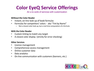 Color EyeQ Service Offerings
An a la carte of services with customization
Without the Color Reader
• Instant, on-line look-up of book formulas
• Formulas for competitors’ colors - aka “Tint by Name”
– Not a closest color look up, but a real time computation of a formula
With the Color Reader
• Custom tinting to match any target
• A closest color display (strictly for error checking)
Other Services
• Licence management
• Comprehensive access management
• Online customer data
• Data analytics
• On-line communication with customers (banners, etc.)
 