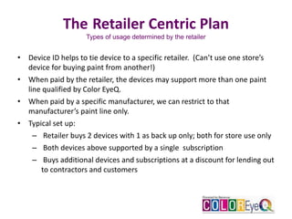 The Retailer Centric Plan
Types of usage determined by the retailer
• Device ID helps to tie device to a specific retailer. (Can’t use one store’s
device for buying paint from another!)
• When paid by the retailer, the devices may support more than one paint
line qualified by Color EyeQ.
• When paid by a specific manufacturer, we can restrict to that
manufacturer’s paint line only.
• Typical set up:
– Retailer buys 2 devices with 1 as back up only; both for store use only
– Both devices above supported by a single subscription
– Buys additional devices and subscriptions at a discount for lending out
to contractors and customers
 