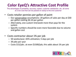 Color EyeQ’s Attractive Cost Profile
The advantages of portability, accuracy, speed, customer satisfaction, etc. all come
at a low cost that can be passed on easily to the end customer
• Costs retailer pennies per gallon of paint
– Our conservative assumptions: 20 gallons of sales per day at $30
per gallon costing $0.10 per gallon
– Alternately, one custom tint/week more than pays for the
system
– Specific numbers should be even more favorable due to volume
and gallon cost
• Costs contractor about 1% per job
– 50 weeks/year; 65% utilization; 5 days per job
– 39 jobs per year
– Costs $15/job ; at even $1500/job, this adds about 1% per job
 