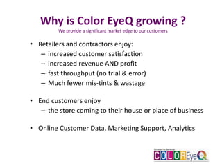 Why is Color EyeQ growing ?
We provide a significant market edge to our customers
• Retailers and contractors enjoy:
– increased customer satisfaction
– increased revenue AND profit
– fast throughput (no trial & error)
– Much fewer mis-tints & wastage
• End customers enjoy
– the store coming to their house or place of business
• Online Customer Data, Marketing Support, Analytics
 