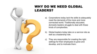 a) Corporations today lack the skills to adequately
meet the demands of the more and more
connected world. Traditionally educated,
domestic leaders struggle to deal with these
kinds of complexities.
b) Global leaders today take on a service role as
well as a leadership role.
c) They are responsible for creating the right
settings for their employees to grow and
develop, and to motivate them.
WHY DO WE NEED GLOBAL
LEADERS?
 