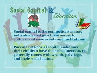 Social capital is the connections among
individuals that give them access to
cultural and civic events and institutions.
Parents with social capital make sure
their children have the best education. It
generally comes with wealth, privilege,
and their social status.
Social Capital
Education
&
 