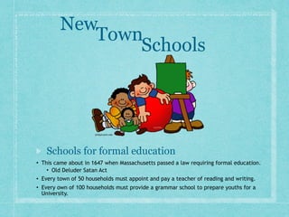 Schools for formal education
• This came about in 1647 when Massachusetts passed a law requiring formal education.
• Old Deluder Satan Act
• Every town of 50 households must appoint and pay a teacher of reading and writing.
• Every own of 100 households must provide a grammar school to prepare youths for a
University.
New
Town
Schools
 