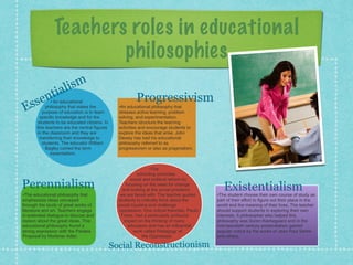 •The educational philosophy that
emphasizes ideas conveyed
through the study of great works of
literature and art. Teachers engage
in extended dialogue to discuss and
reason about the great ideas. This
educational philosophy found a
strong expression with the Paideia
Proposal by Mortimer Adler.
Teachers roles in educational
philosophies
• An educational
philosophy that states the
purpose of education is to learn
specific knowledge and for the
students to be educated citizens. In
this teachers are the central figures
in the classroom and they are
transferring their knowledge to
students. The educator William
Bagley coined the term
essentialism.
Essentialism
•An educational philosophy that
stresses active learning, problem
solving, and experimentation.
Teachers structure the learning
activities and encourage students to
explore the ideas that arise. John
Dewey has had his educational
philosophy referred to as
progressivism or also as pragmatism.
Progressivism
Perennialism
•The
schooling promotes
social and political reform by
focusing on the need for change
and looking at the social problems
we are faced with. The teacher guides
students to critically think about the
social injustice and challenge
oppression. One critical theorists, Paulo
Freire, had a particularly profound
impact on the thinking of many
educators and has an influential
work called Pedagogy of
the Oppressed.
Social Reconstructionism
•The student choose their own course of study as
part of their effort to figure out their place in the
world and the meaning of their lives. The teacher
should support students in exploring their own
interests. A philosopher who helped this
philosophy was Soren Kierkegaard and in the
mid-twentieth century existentialism gained
popular notice by the works of Jean Paul Sartre
and others.
Existentialism
 