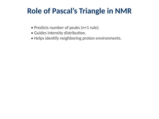 Role of Pascal’s Triangle in NMR
• Predicts number of peaks (n+1 rule).
• Guides intensity distribution.
• Helps identify neighboring proton environments.
 