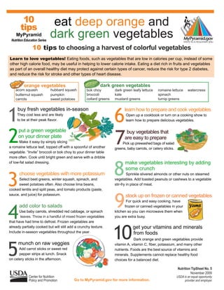 10                     eat deep orange and
       tips
    MyPyramid
 Nutrition Education Series
                              dark green vegetables
                10 tips to choosing a harvest of colorful vegetables
Learn to love vegetables! Eating foods, such as vegetables that are low in calories per cup, instead of some
other high calorie food, may be useful in helping to lower calorie intake. Eating a diet rich in fruits and vegetables
as part of an overall healthy diet may protect against certain types of cancer, reduce the risk for type 2 diabetes,
and reduce the risk for stroke and other types of heart disease.

          orange vegetables                                dark green vegetables
    acorn squash              hubbard squash      bok choy         dark green leafy lettuce    romaine lettuce       watercress
    butternut squash          pumpkin             broccoli         kale                        spinach
    carrots                   sweet potatoes      collard greens   mustard greens              turnip greens




1                                                                  6
     buy fresh vegetables in-season                                      learn how to prepare and cook vegetables
     They cost less and are likely                                        Open up a cookbook or turn on a cooking show to
     to be at their peak flavor.                                          learn how to prepare delicious vegetables.




2                                                                  7
      put a green vegetable                                               buy vegetables that
      on your dinner plate                                               are easy to prepare
       Make it easy by simply slicing                                   Pick up prewashed bags of salad
a romaine lettuce leaf, topped off with a spoonful of another      greens, baby carrots, or celery sticks.
vegetable. “Invite” broccoli or bok choy to your dinner table
more often. Cook until bright green and serve with a dribble



                                                                   8
of low-fat salad dressing.                                               make vegetables interesting by adding
                                                                         some crunch


3
      choose vegetables with more potassium                                 Sprinkle slivered almonds or other nuts on steamed
     Select beet greens, winter squash, spinach, and               vegetables. Add toasted peanuts or cashews to a vegetable
     sweet potatoes often. Also choose lima beans,                 stir-fry in place of meat.
cooked lentils and split peas, and tomato products (paste,



                                                                   9
sauce, and juice) for potassium.                                          stock up on frozen or canned vegetables
                                                                          For quick and easy cooking, have



4
      add color to salads                                                frozen or canned vegetables in your          Yams
      Use baby carrots, shredded red cabbage, or spinach           kitchen so you can microwave them when
       leaves. Throw in a handful of mixed frozen vegetables       you are extra busy.
that have had time to defrost. Frozen vegetables are



                                                                   10
already partially cooked but will still add a crunchy texture.                get your vitamins and minerals
Include in-season vegetables throughout the year.                             from foods
                                                                                Dark orange and green vegetables provide



5
      munch on raw veggies                                         vitamin A, vitamin C, fiber, potassium, and many other
      Add carrot sticks or sweet red                               nutrients. Foods are the best source of vitamins and
      pepper strips at lunch. Snack                                minerals. Supplements cannot replace healthy food
on celery sticks in the afternoon.                                 choices for a balanced diet.

                                                                                                             Nutrition TipSheet No. 5
                                                                                                                      November 2009
             Center for Nutrition                                                                            USDA is an equal opportunity
             Policy and Promotion         Go to MyPyramid.gov for more information.                               provider and employer.
 