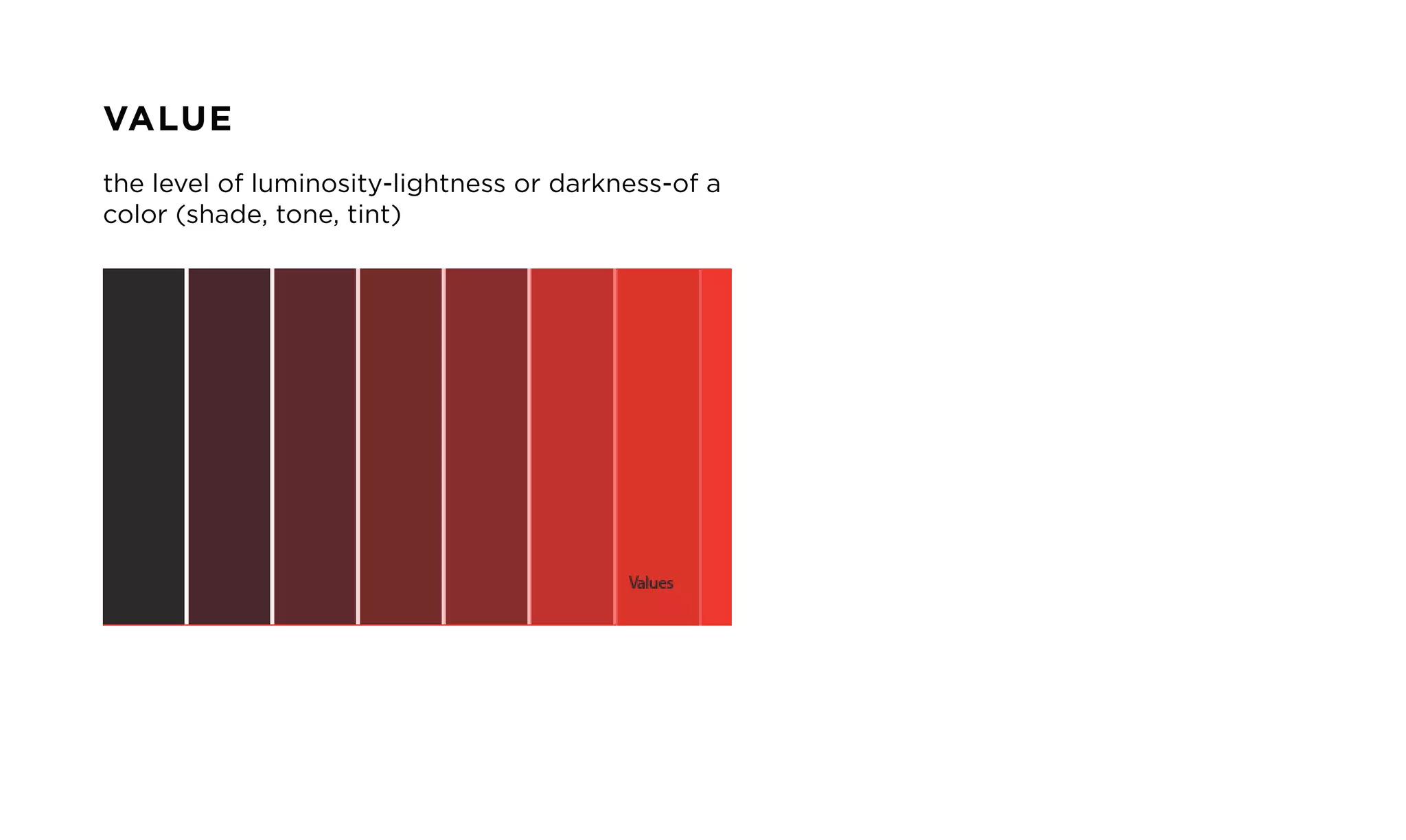 VALUE
the level of luminosity-lightness or darkness-of a
color (shade, tone, tint)
 