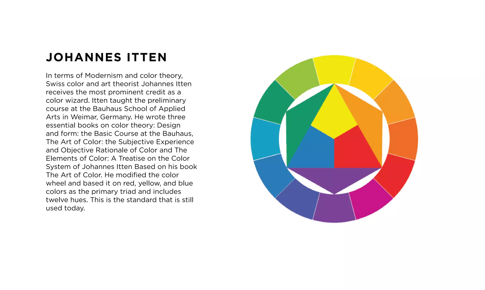 JOHANNES ITTEN
In terms of Modernism and color theory,
Swiss color and art theorist Johannes Itten
receives the most prominent credit as a
color wizard. Itten taught the preliminary
course at the Bauhaus School of Applied
Arts in Weimar, Germany. He wrote three
essential books on color theory: Design
and form: the Basic Course at the Bauhaus,
The Art of Color: the Subjective Experience
and Objective Rationale of Color and The
Elements of Color: A Treatise on the Color
System of Johannes Itten Based on his book
The Art of Color. He modified the color
wheel and based it on red, yellow, and blue
colors as the primary triad and includes
twelve hues. This is the standard that is still
used today.
 